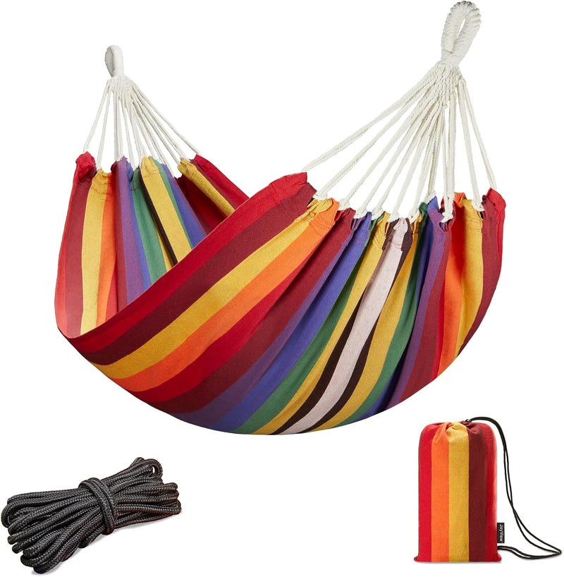 JoyView Brazilian Hammock for Single Person Portable Hammock with Hanging Ropes & Carry Bag Large 78.8x39.4” for Patio 300LBS Capacity Perfect for Outdoor/Indoor - Red Stripes - Image 1